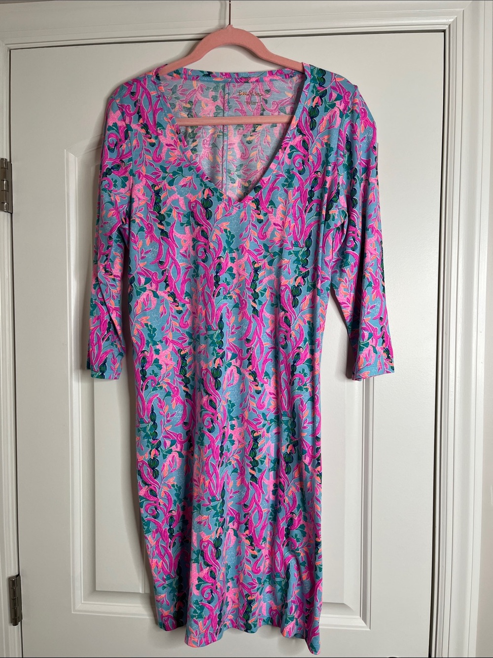 Lily Pulitzer-Tessa Dress-Floral V-Neck Jersey Dress in Pink & Teal-Size L